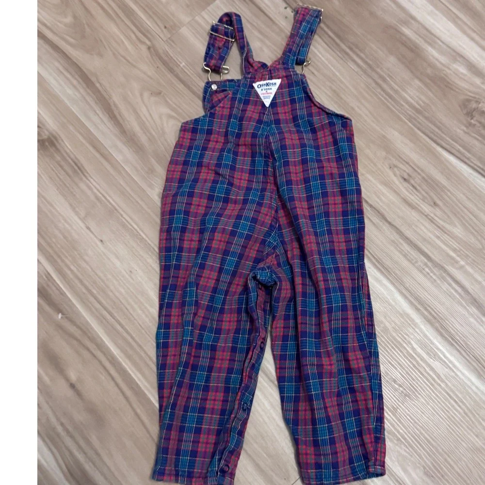 Vintage OshKosh B'gosh Kids Plaid Overalls Size 3T Cotton‎ Blue Red Green Tan v2